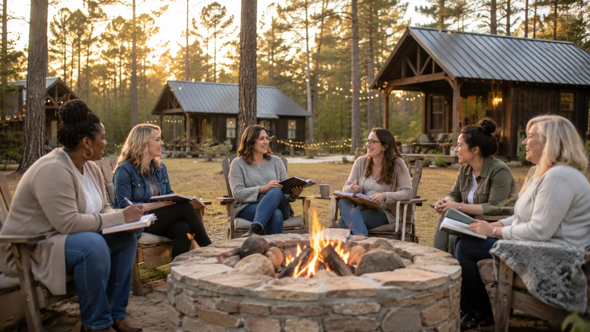 Teachers gathered around a fire pit at the Teach BIG Ranch retreat at golden hour